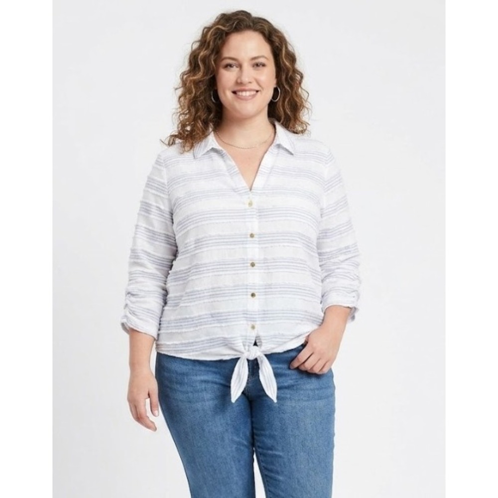 New Andrew Marc XL Blue White Striped Ruched Sleeve Gauze Button Tie Front Shirt